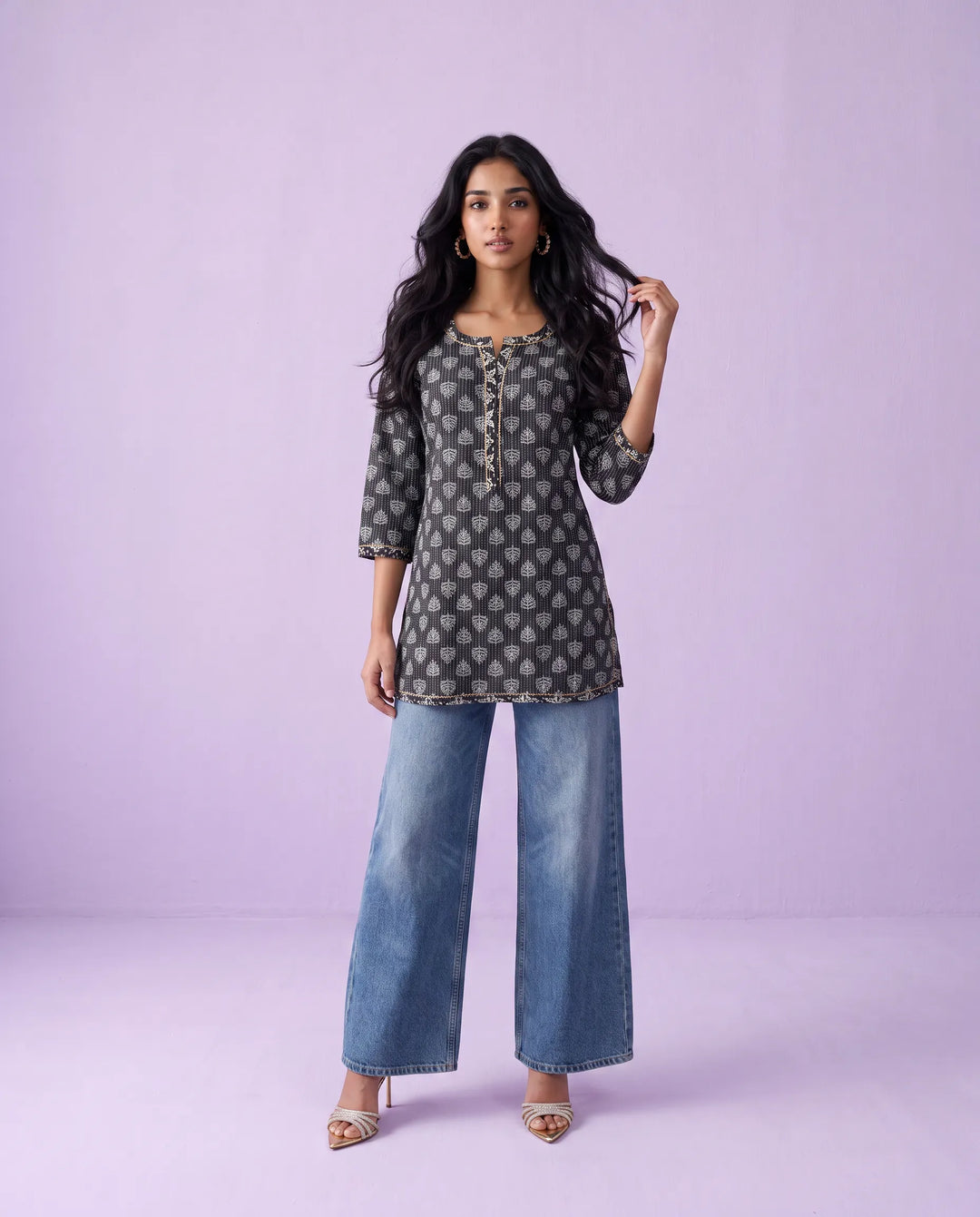 Black Printed Cotton Short Kurti