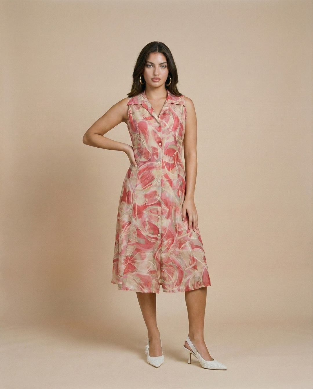 Peach Printed Viscose Blended Midi Dress
