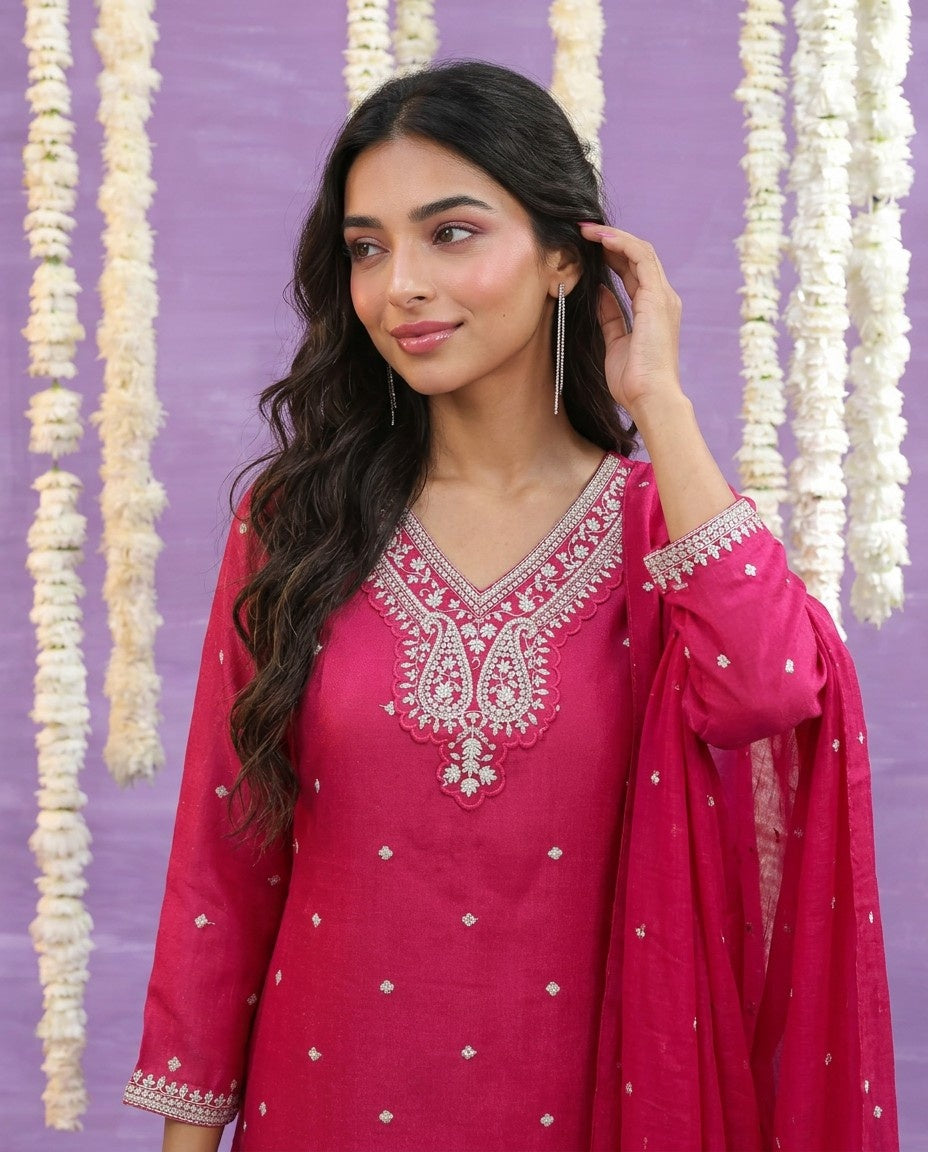 Magenta Embriodered Silk Blended Kurta Bottom Dupatta Set