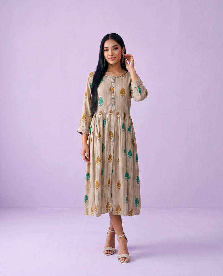 Beige Printed Cotton Maxi Dress