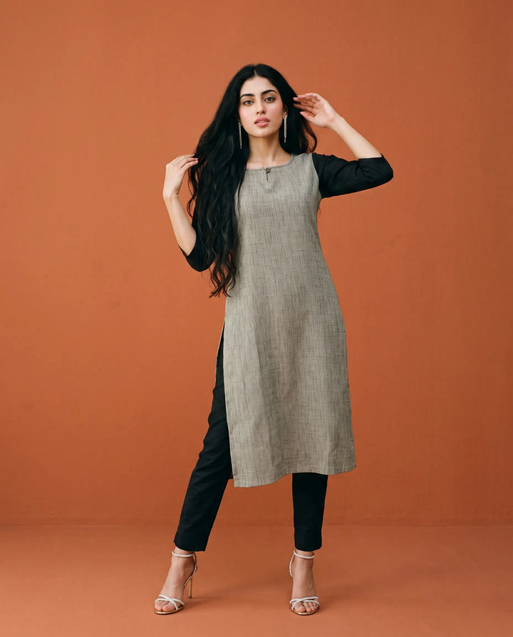 Grey Printed Rayon Straight cut Long Kurta