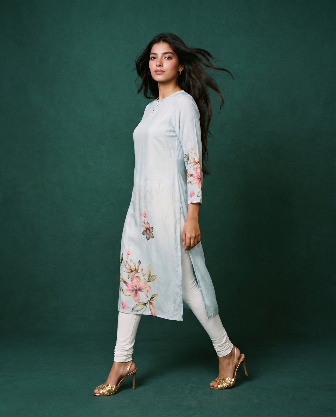 Grey Printed Crepe Silk Straight cut Long Kurta