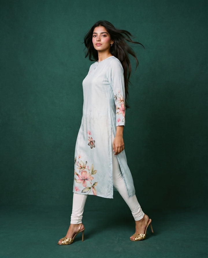 Grey Printed Crepe Silk Straight cut Long Kurta