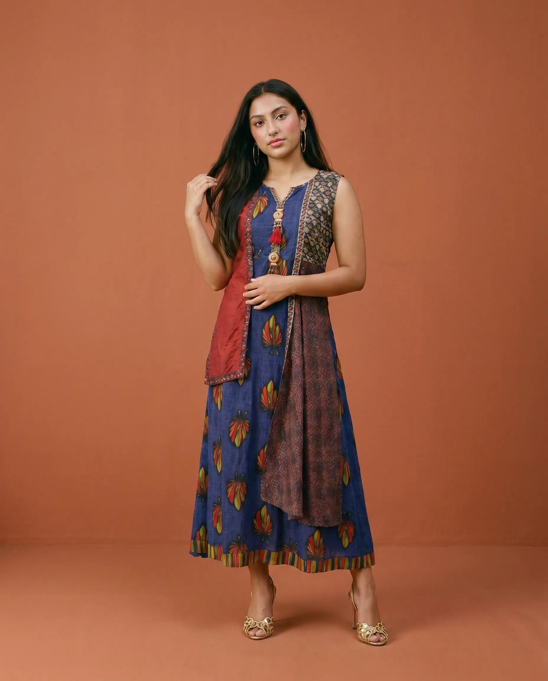 Navy Printed Rayon Sleeveless Maxi Dress
