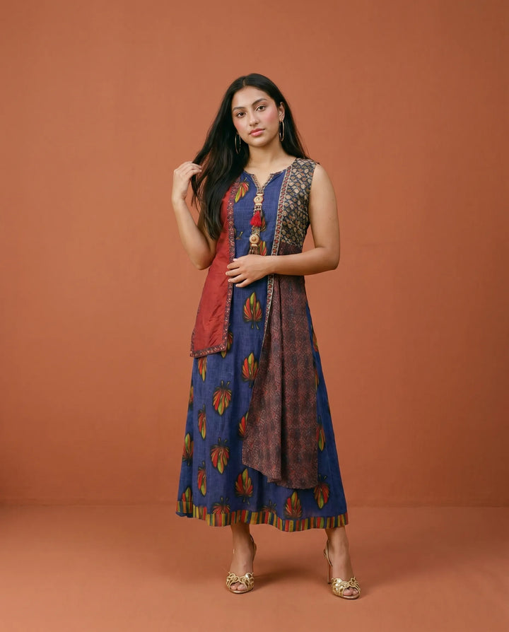 Navy Printed Rayon Sleeveless Maxi Dress