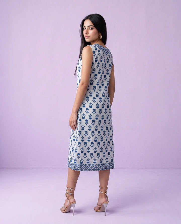 Blue Printed Pure Cotton Hand-Block Printed Midi Dress