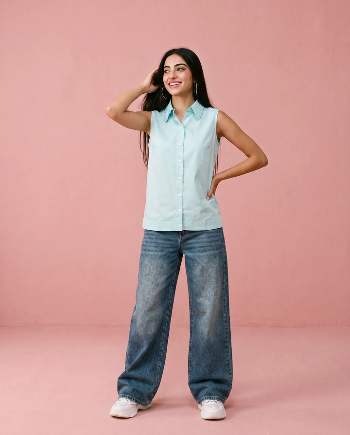 Sky Blue Solid Cotton Satin Sleeveless Top