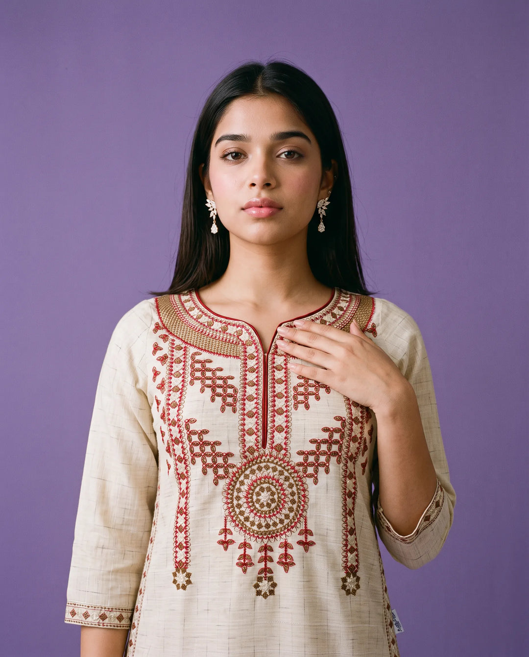 Beige Embroidered Cotton Straight cut Long Kurta