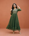 Bottle Green Embriodered Georgette Maxi Dress