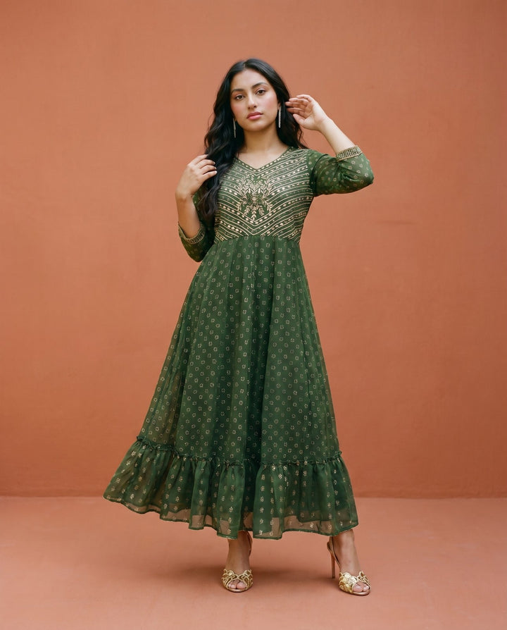 Bottle Green Embriodered Georgette Maxi Dress
