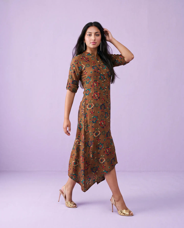 Brown Printed Rayon Maxi Dress