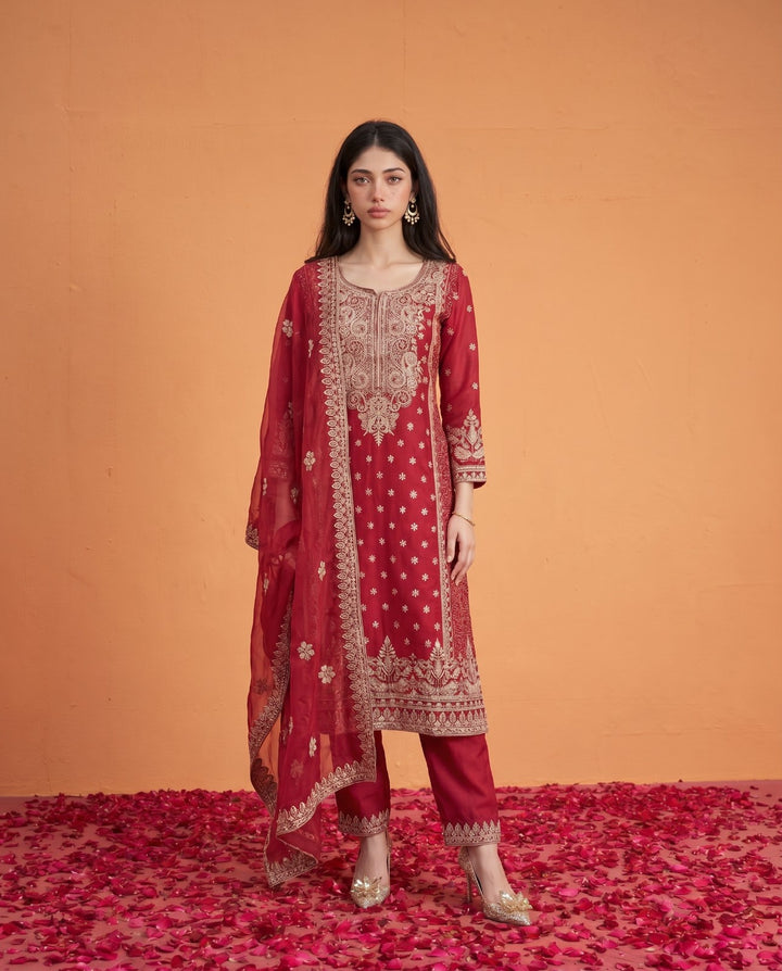 Magenta Embriodered Viscose Blended Kurta Bottom Dupatta Set