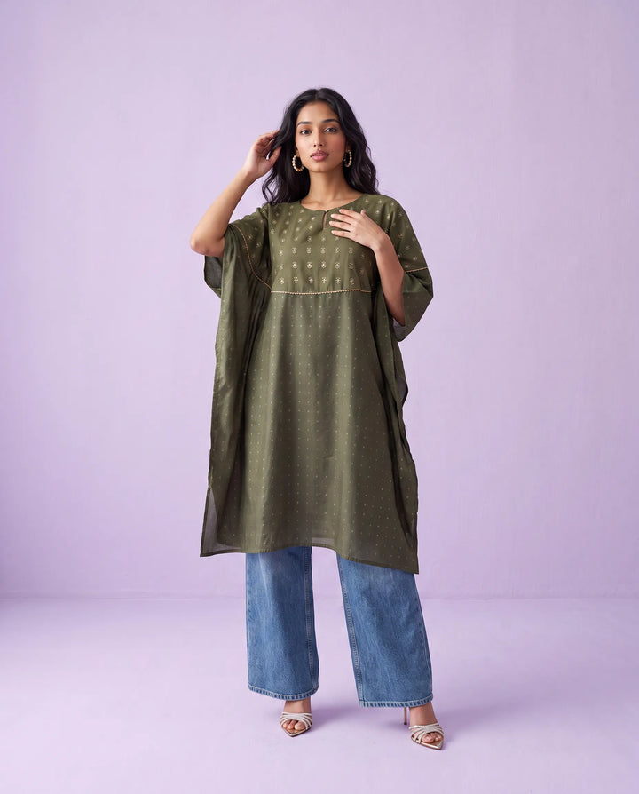 Olive Printed Viscose Blended Kaftan