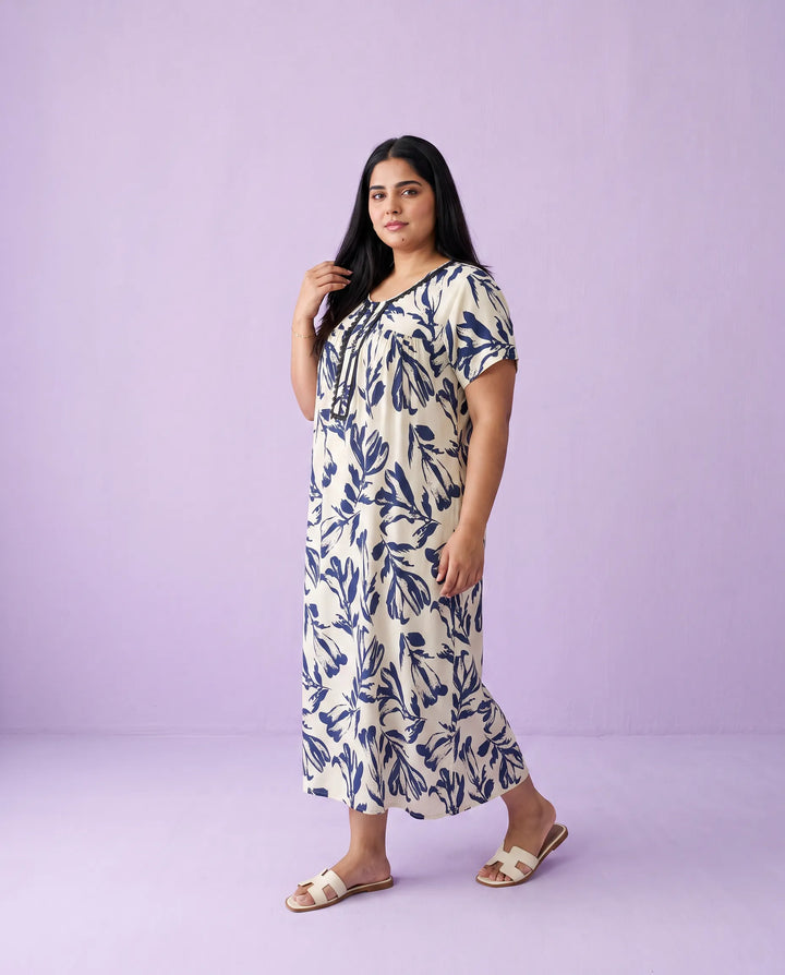 Navy Printed Super Soft Rayon Night Dress / Home Wear