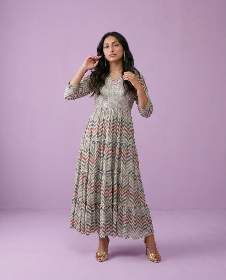 Multi Colour Embriodered Viscose Blended Maxi Dress