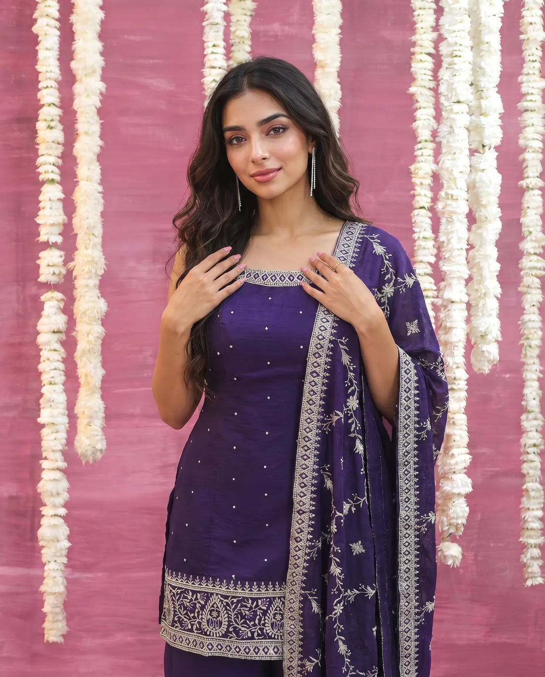 Purple Embriodered Silk Blended Sleeveless Kurta Bottom Dupatta Set