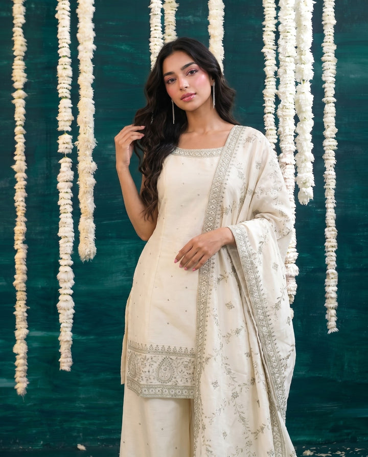 White Embriodered Silk Blended Sleeveless Kurta Bottom Dupatta Set