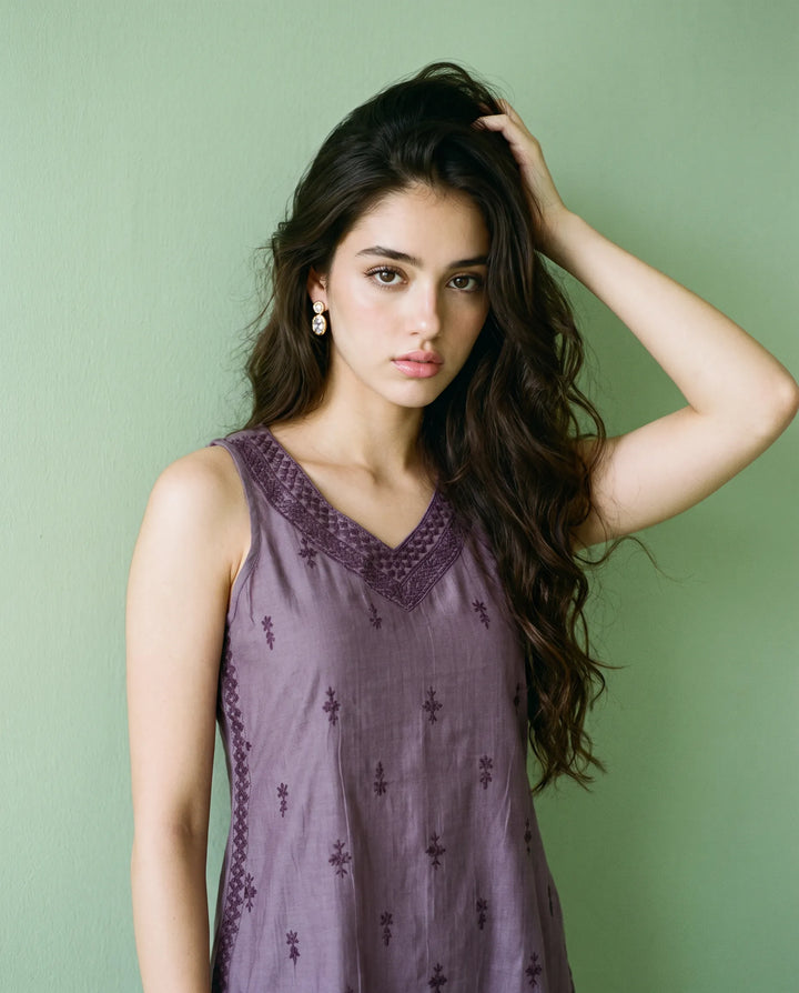 Purple Embroidered Cotton Blended Sleeveless Short Kurti