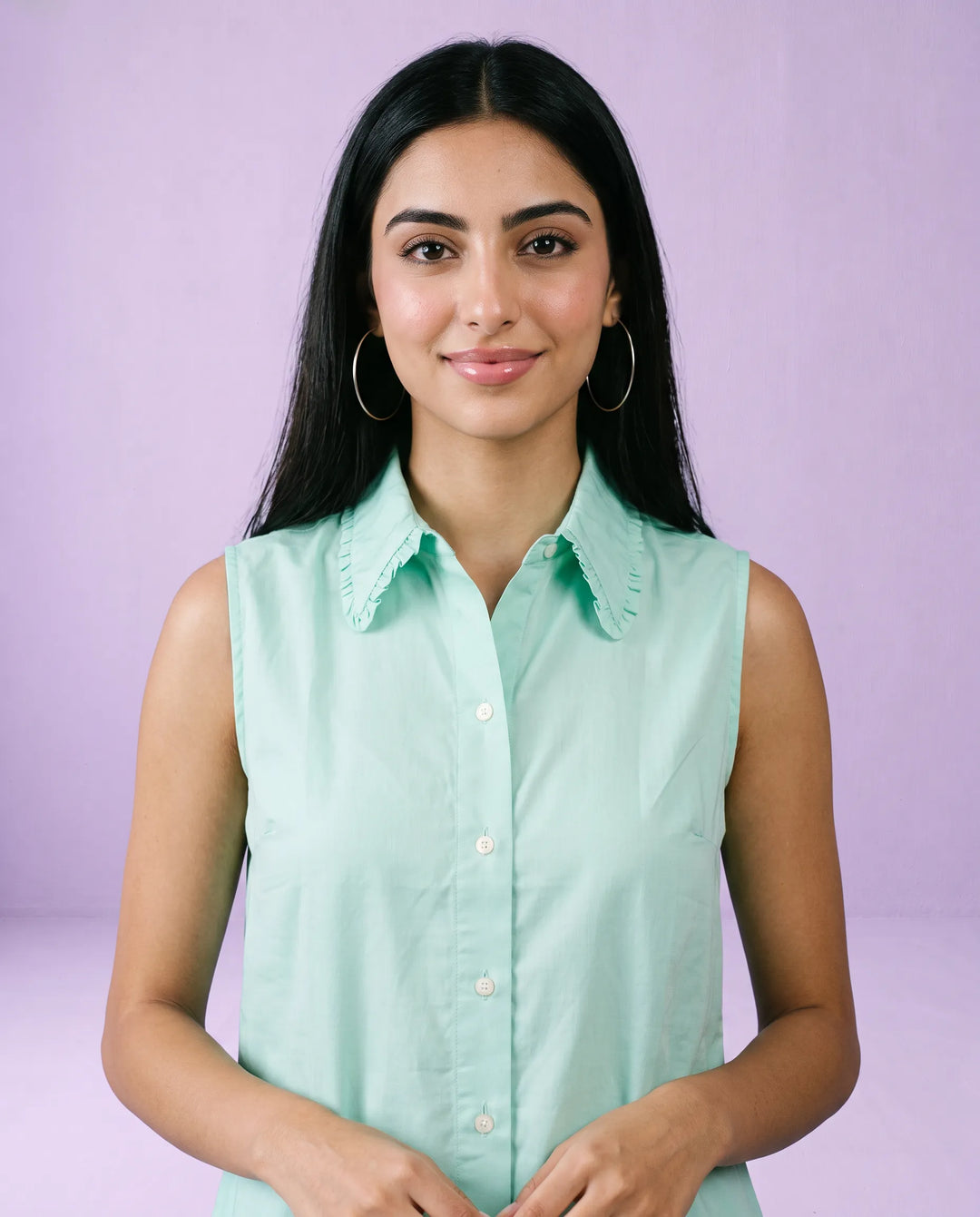 Turquoise Solid Cotton Satin Sleeveless Top