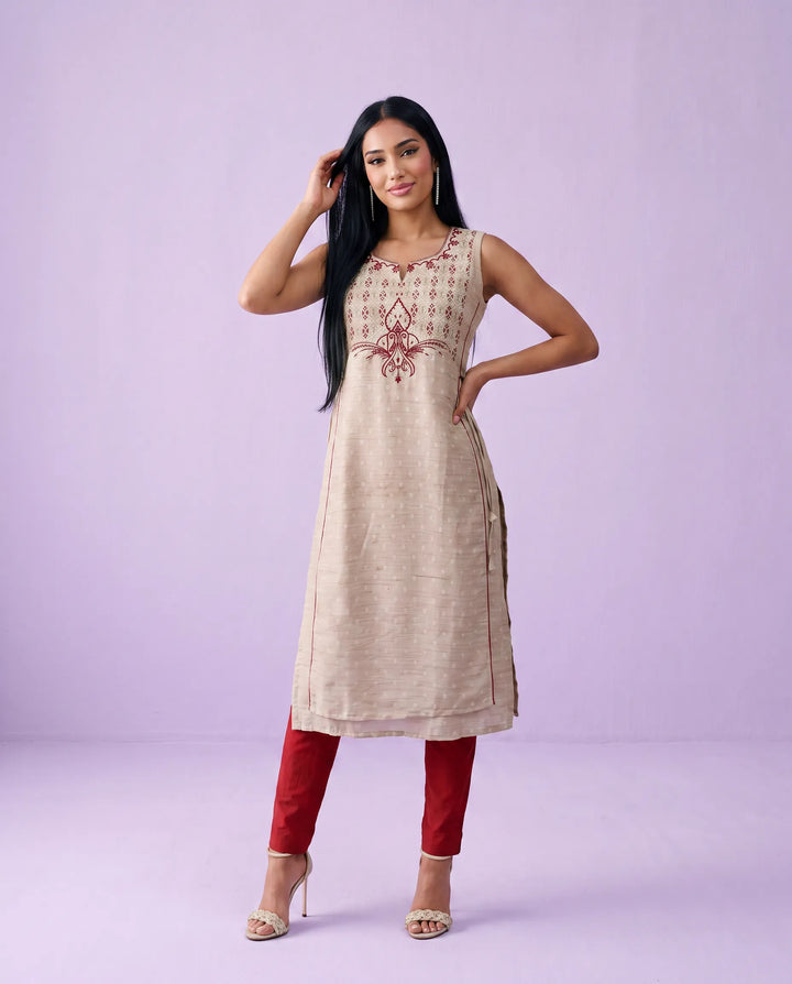 Beige Embroidered Cotton Straight cut Sleeveless Long Kurta