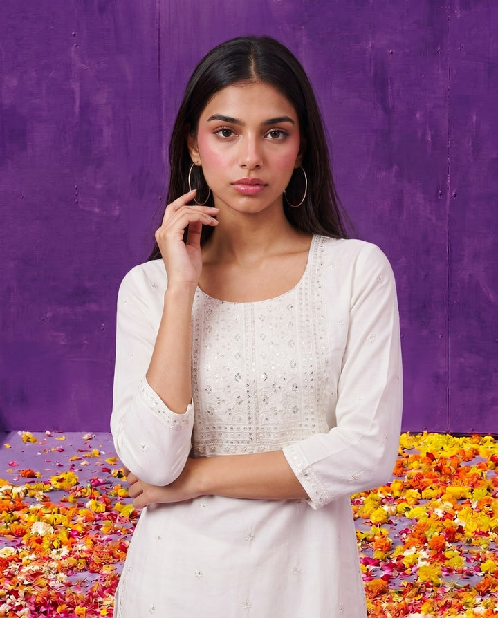 White Embroidered Viscose Blended Straight cut Long Kurta