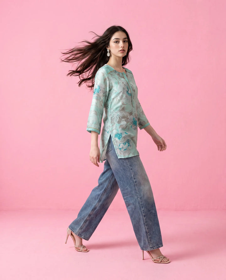 Turquoise Printed Crepe Silk Short Kurti