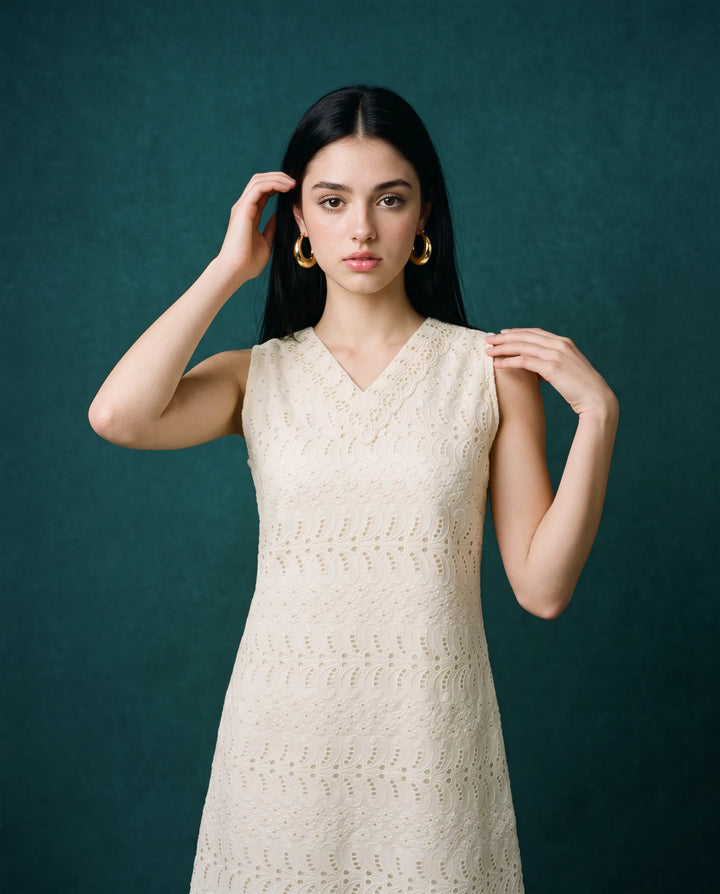 Cream Embroidered Cotton Midi Dress