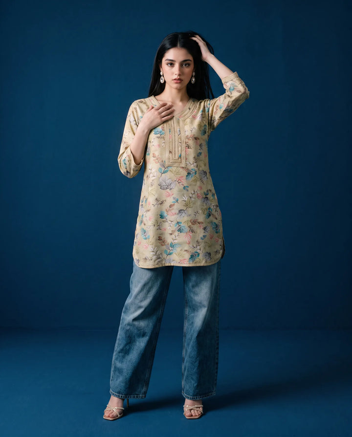 Beige Printed Cotton Blended Short Kurti