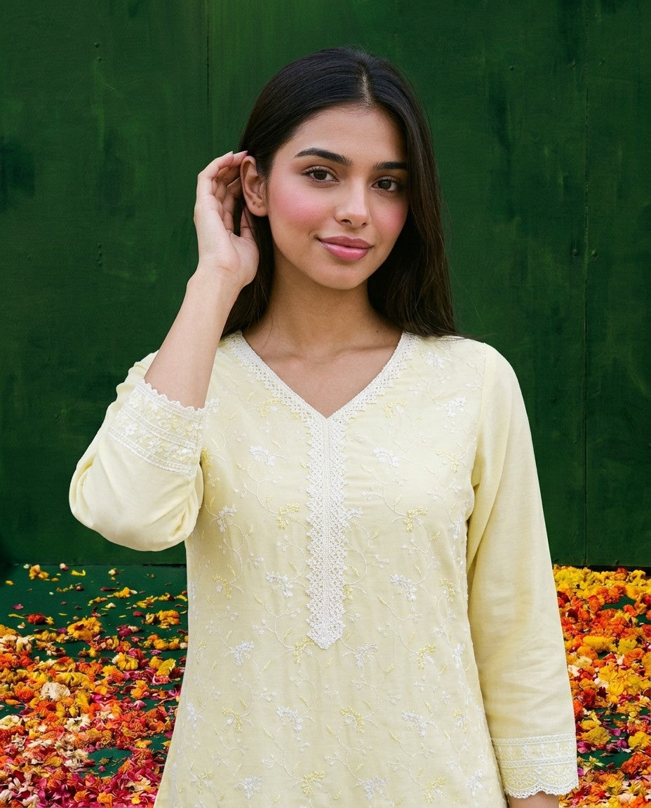 Yellow Embriodered Cotton Satin Co-Ord Set