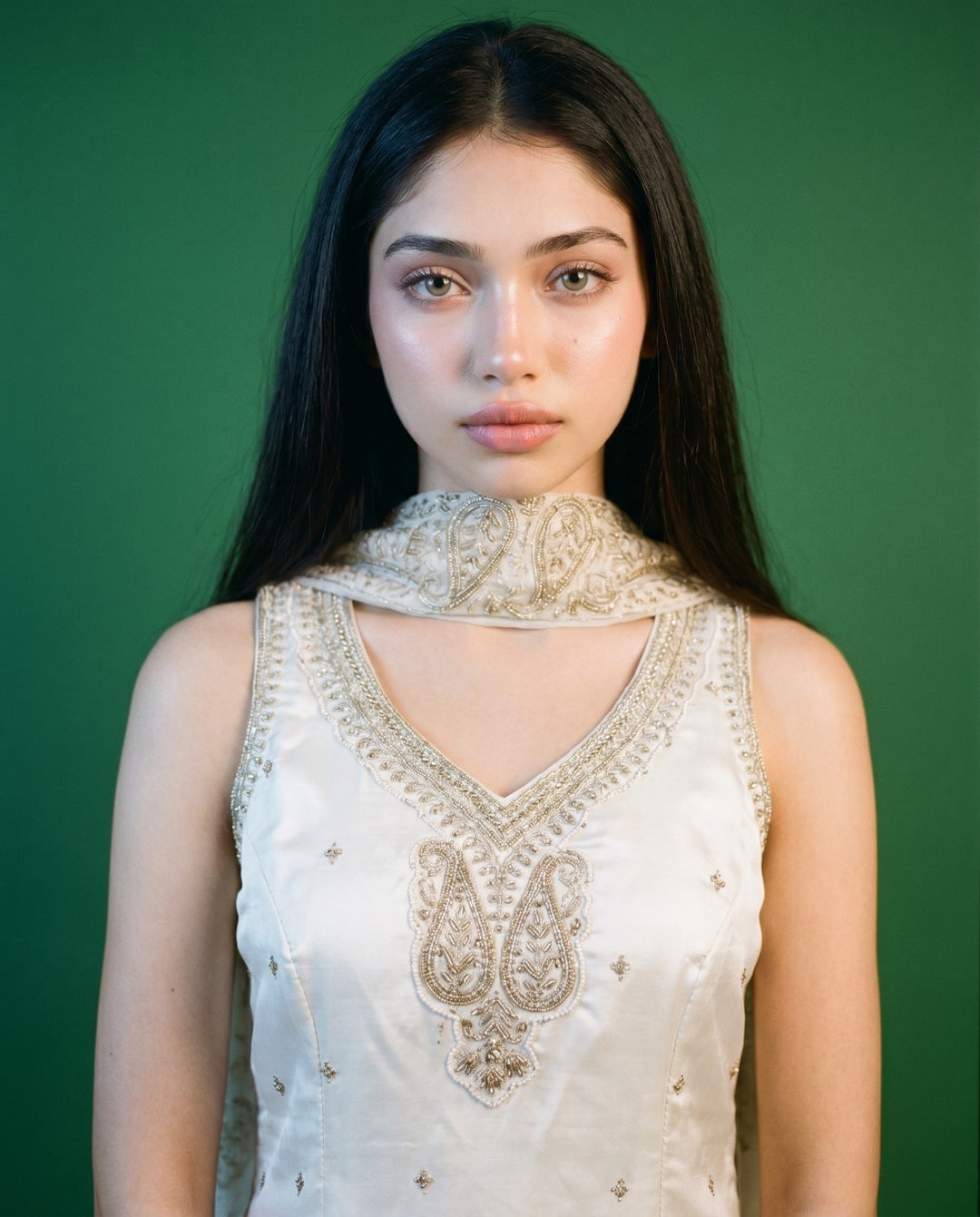 White Embroidered Silk Blended Spaghetti Strap Kurta Bottom Dupatta Set