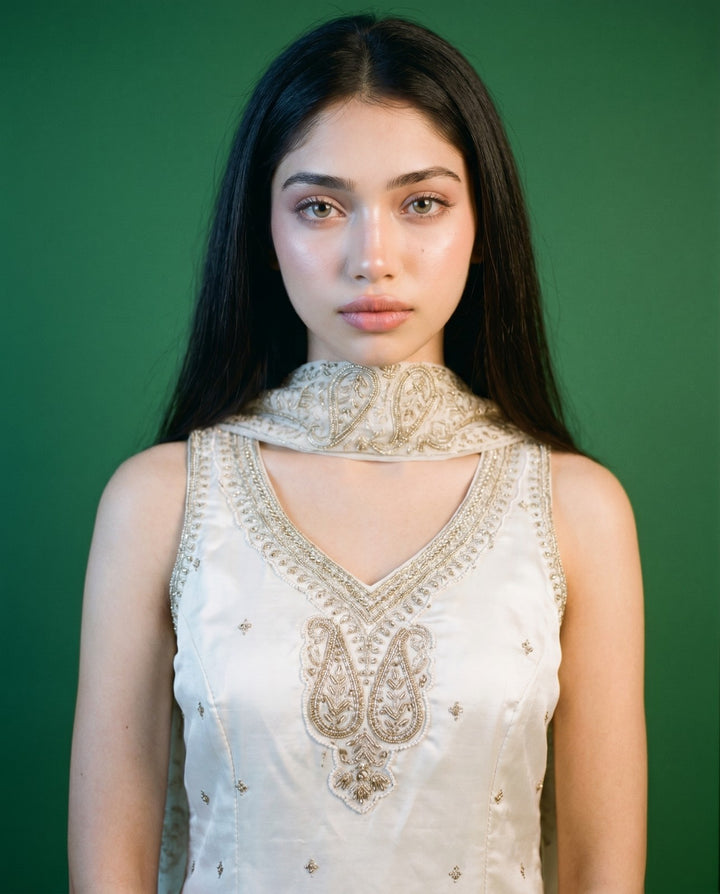 White Embroidered Silk Blended Spaghetti Strap Kurta Bottom Dupatta Set