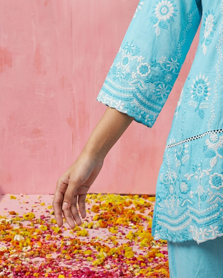 Blue Embroidered Cotton Satin Co-Ord Set