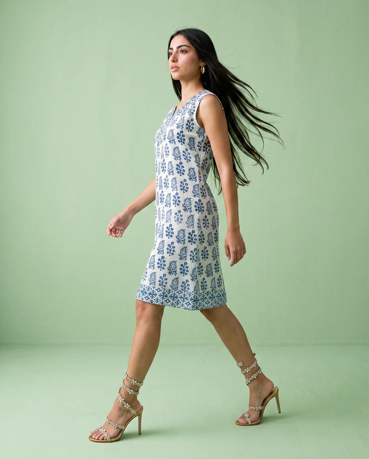 Blue Printed Pure Cotton Hand-Block Printed Midi Dress