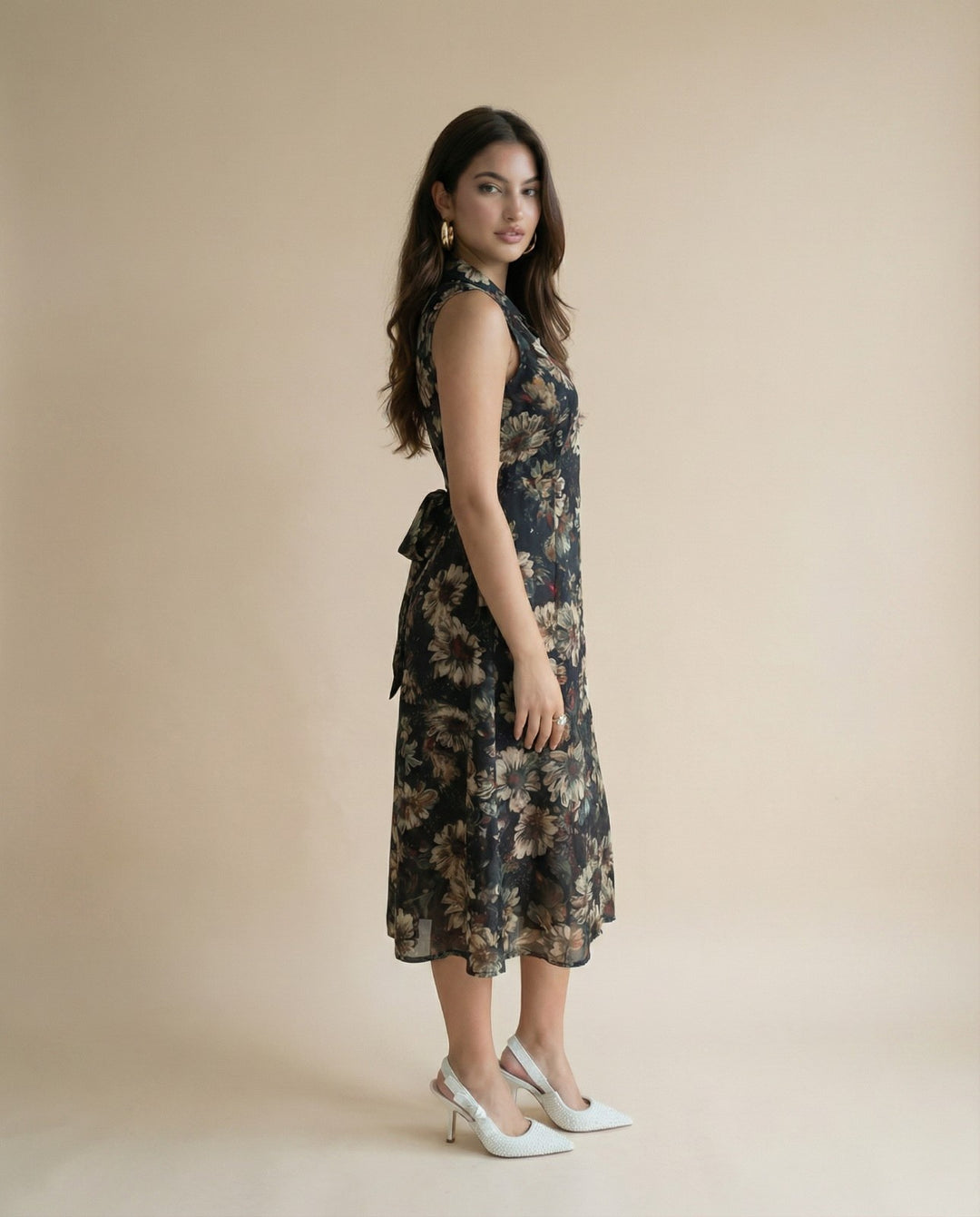 Forest Green Printed Viscose Blended Midi Dress