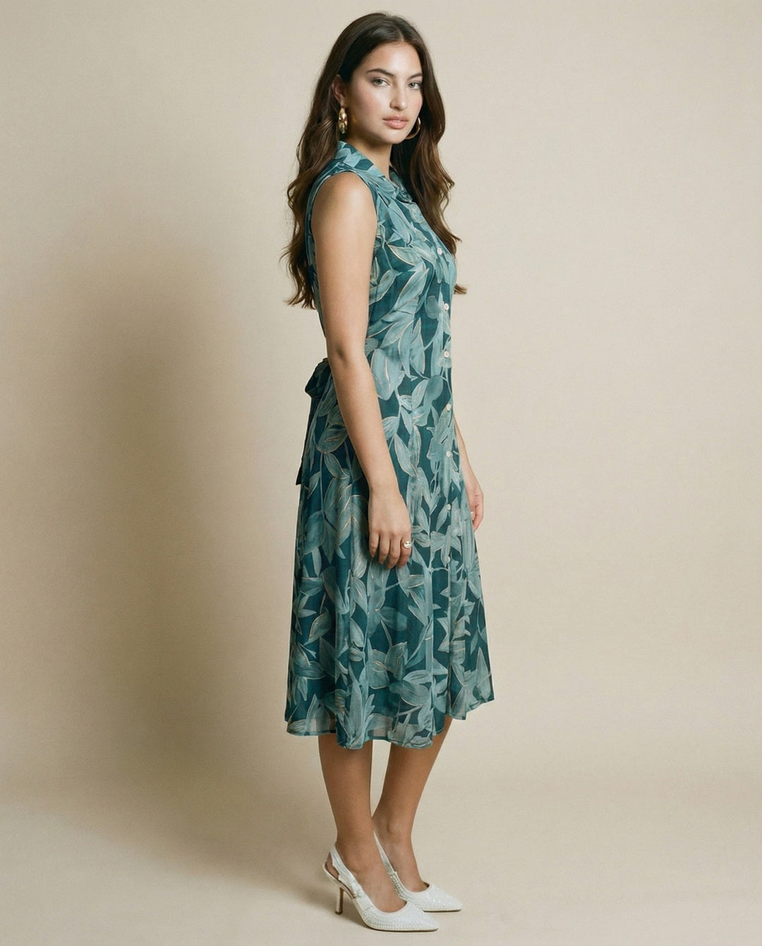 Teal Printed Viscose Blended Midi Dress