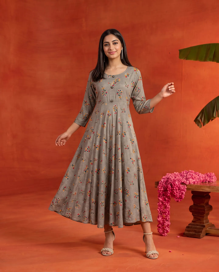 Grey Printed Rayon Maxi Dress