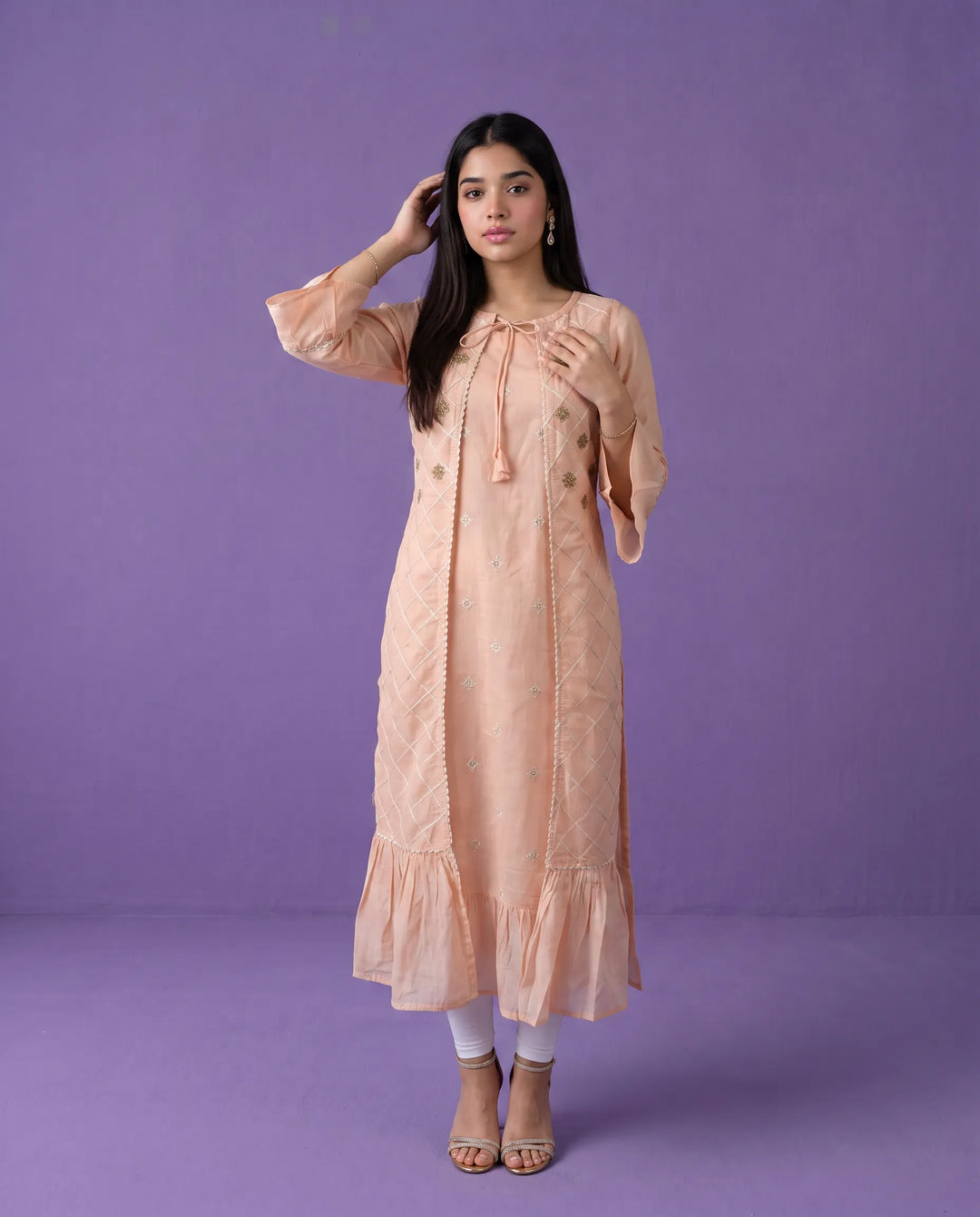 Peach Embroidered Chanderi Long Kurta