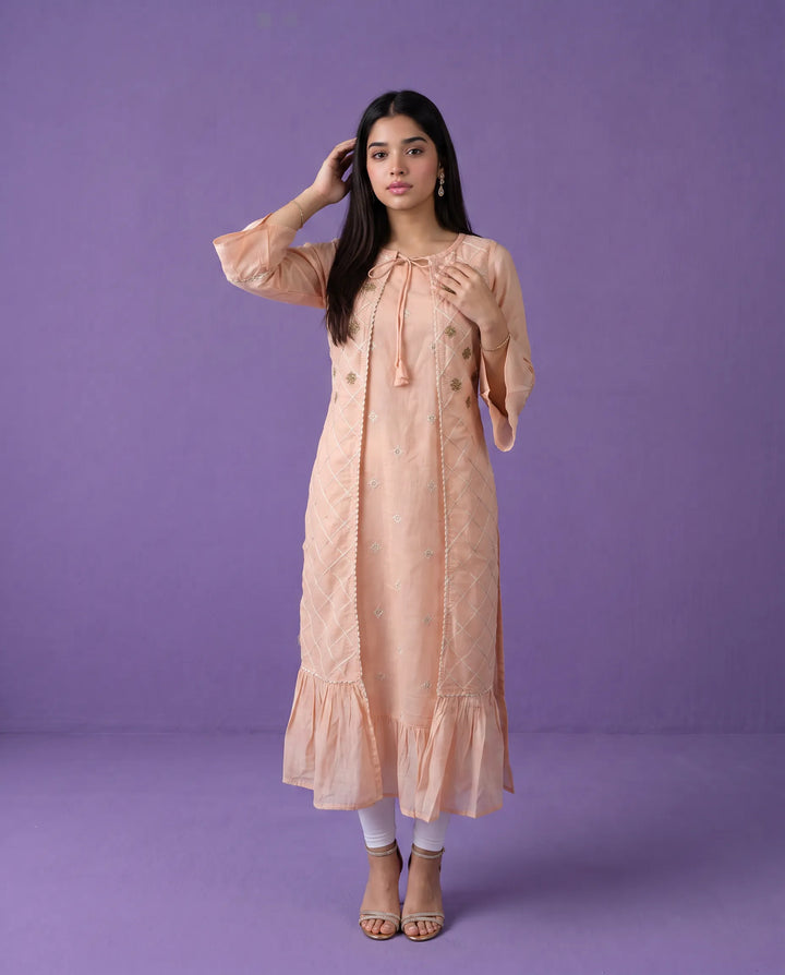 Peach Embroidered Chanderi Long Kurta