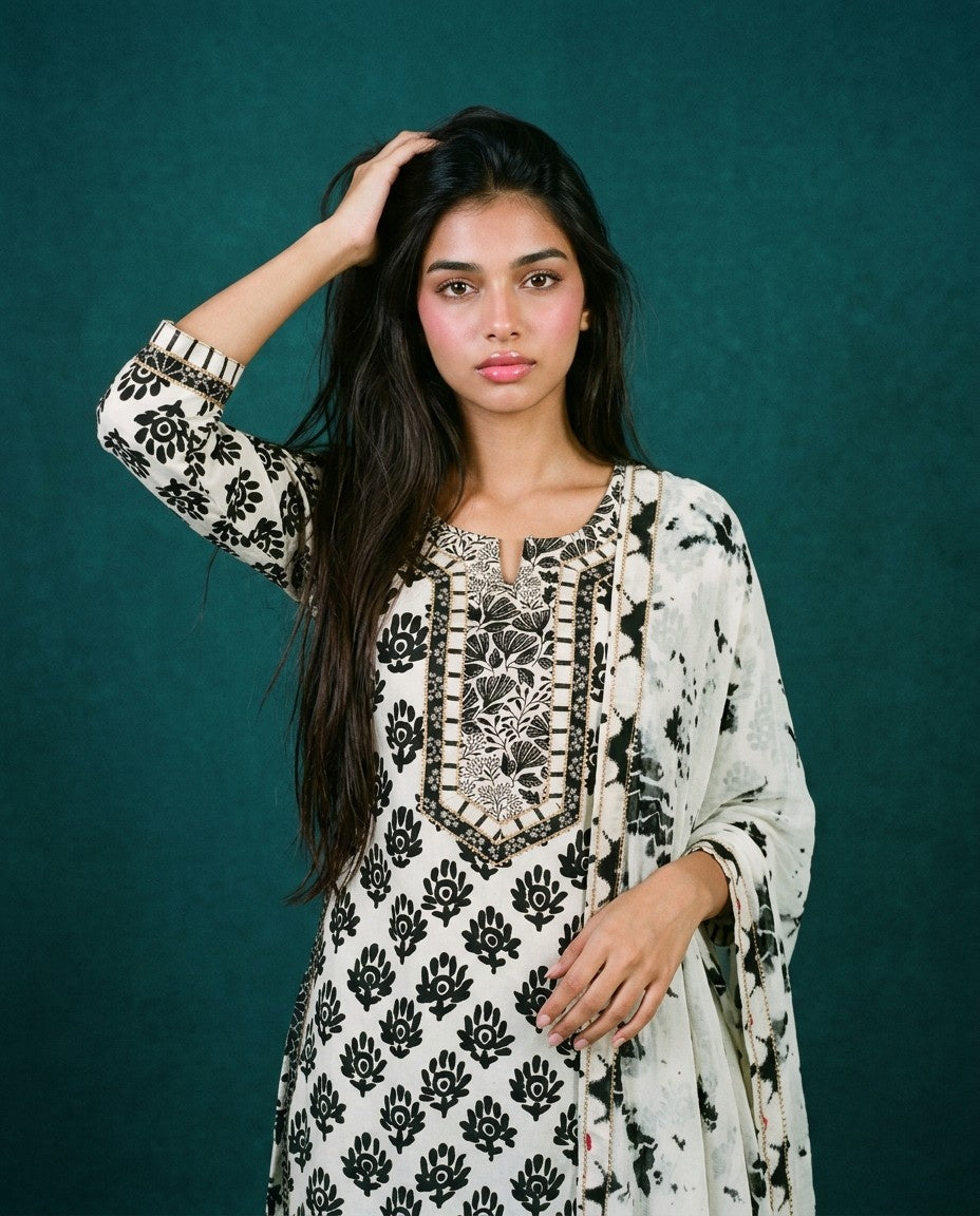 White Printed Cotton Kurta Bottom Dupatta Set