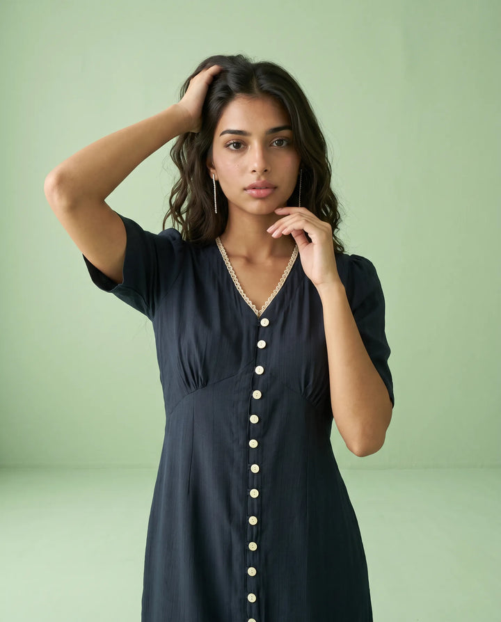 Navy Solid Viscose Blended Midi Dress