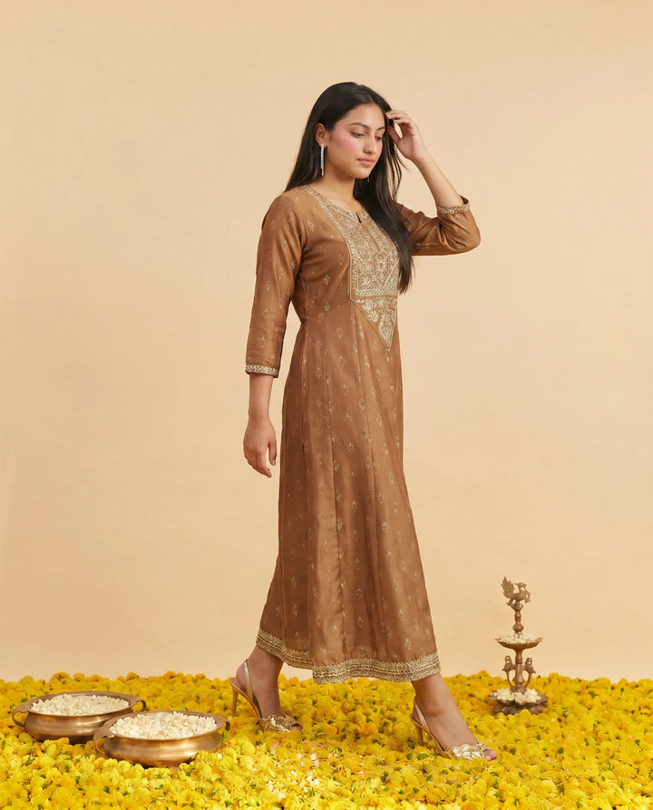 Brown Embriodered Rayon Maxi Dress