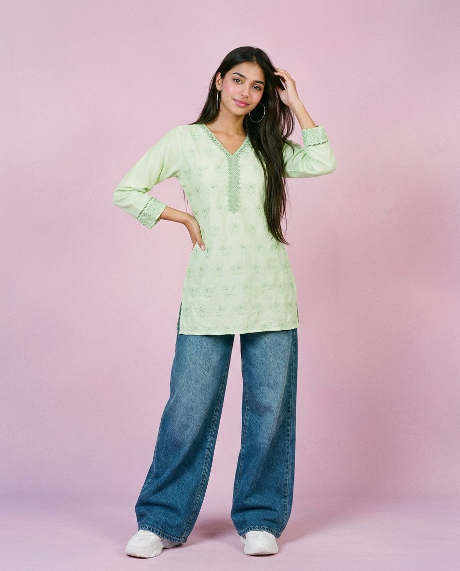 Lime Green Embriodered Cotton Short Kurti