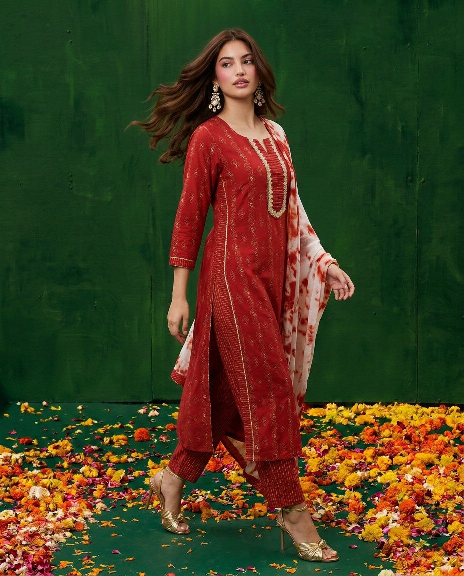 Red Cotton Kurta Bottom Dupatta Set