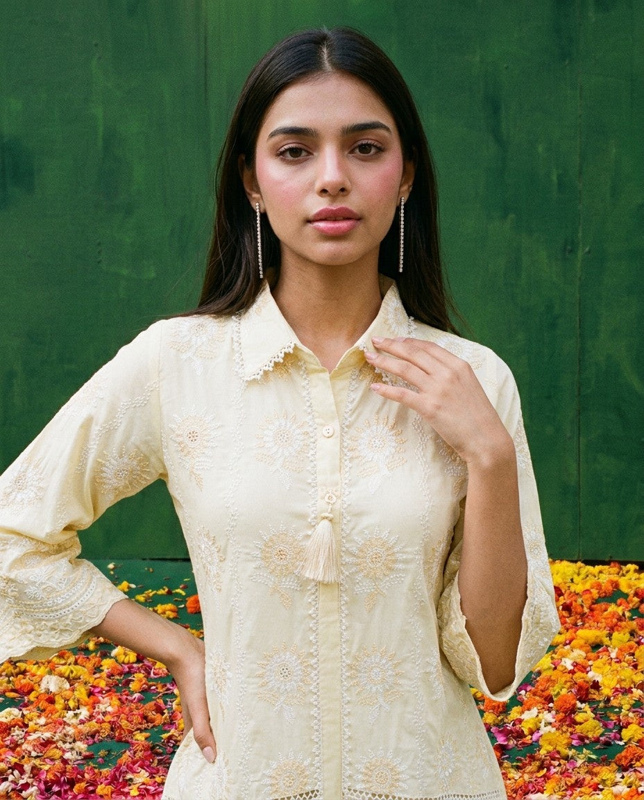 Yellow Embroidered Cotton Satin Co-Ord Set
