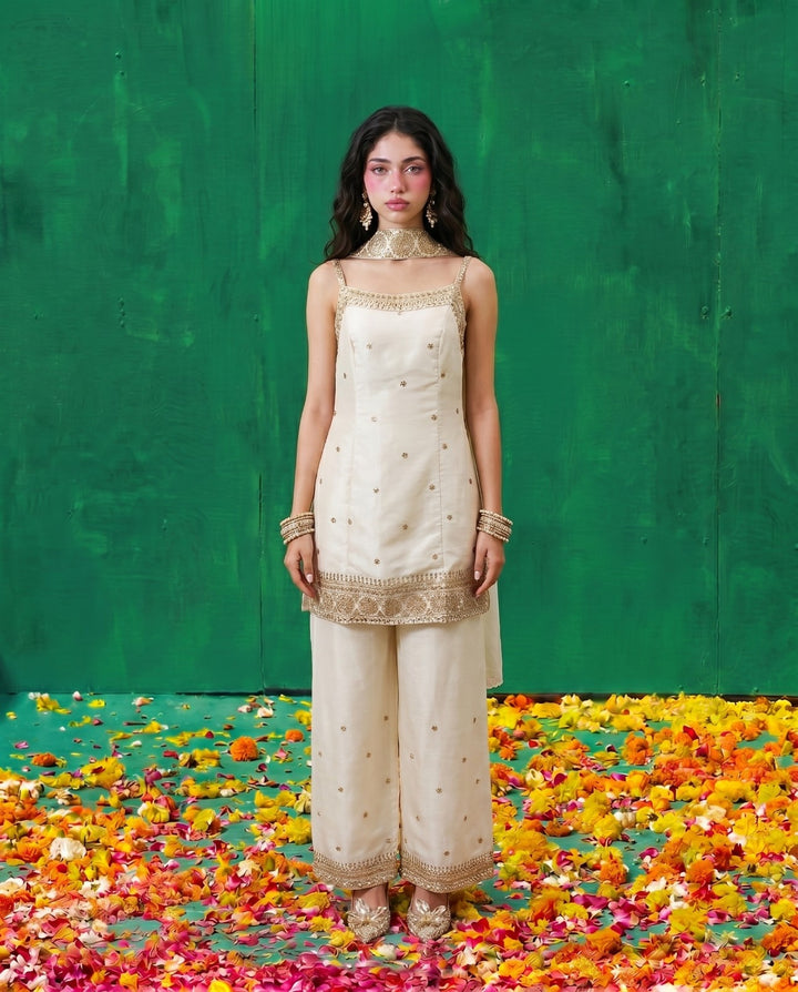 White Embriodered Silk Blended Spaghetti Strap Kurta Bottom Dupatta Set