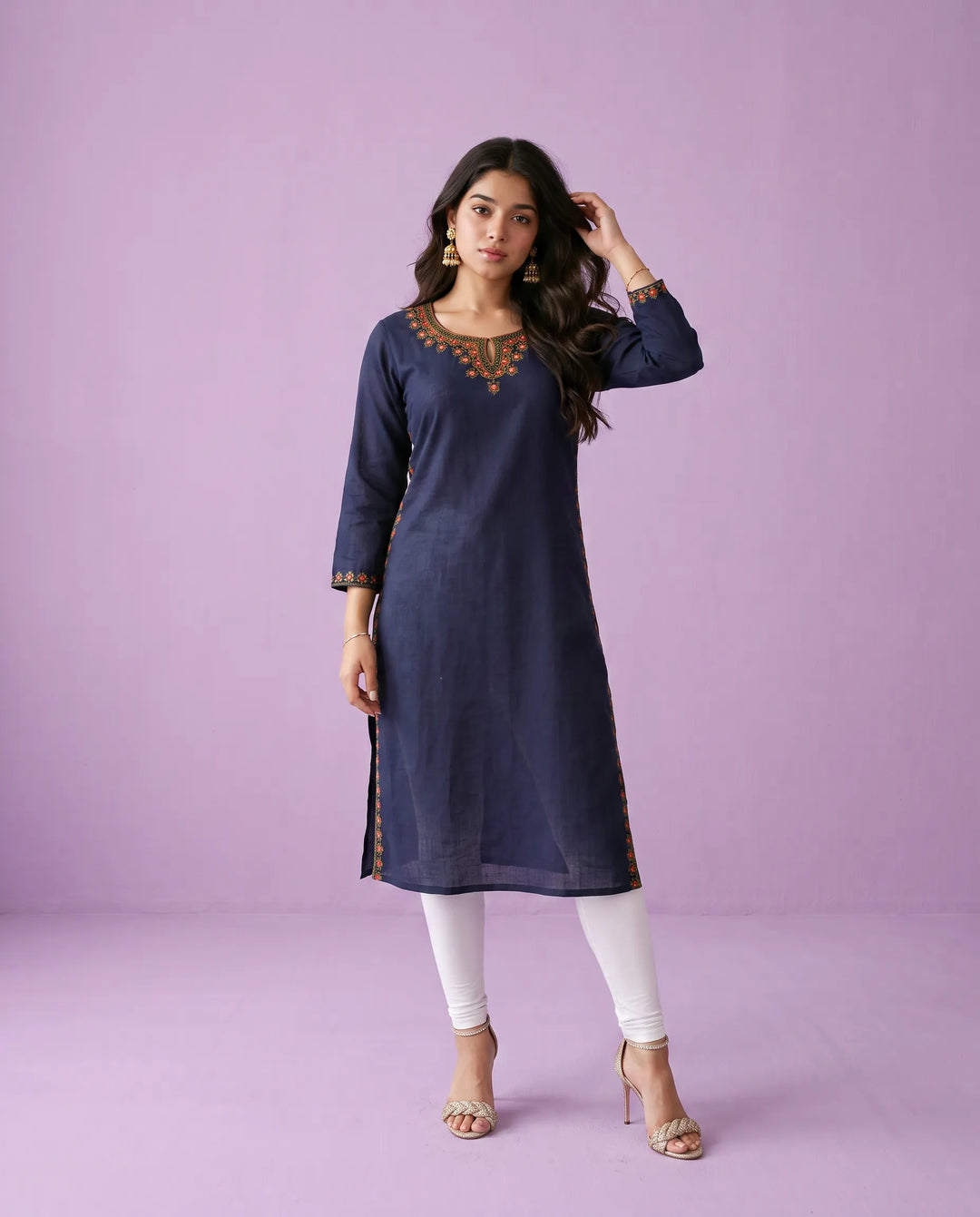 Navy Embroidered Rayon Straight cut Long Kurta