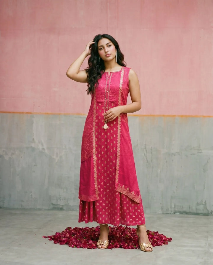 Pink Printed Rayon Sleeveless Maxi Dress