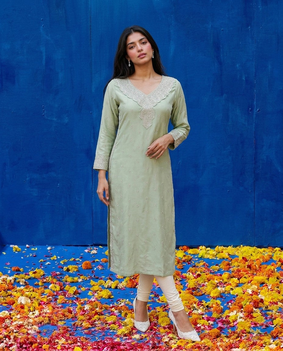 Pista Embroidered Silk Blended 3/4 Sleeves Straight Cut Long Kurta