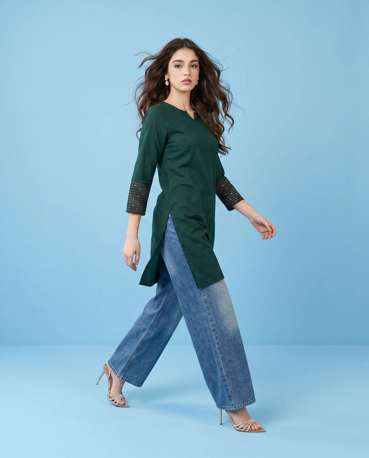 Green Embroidered Cotton Short Kurti