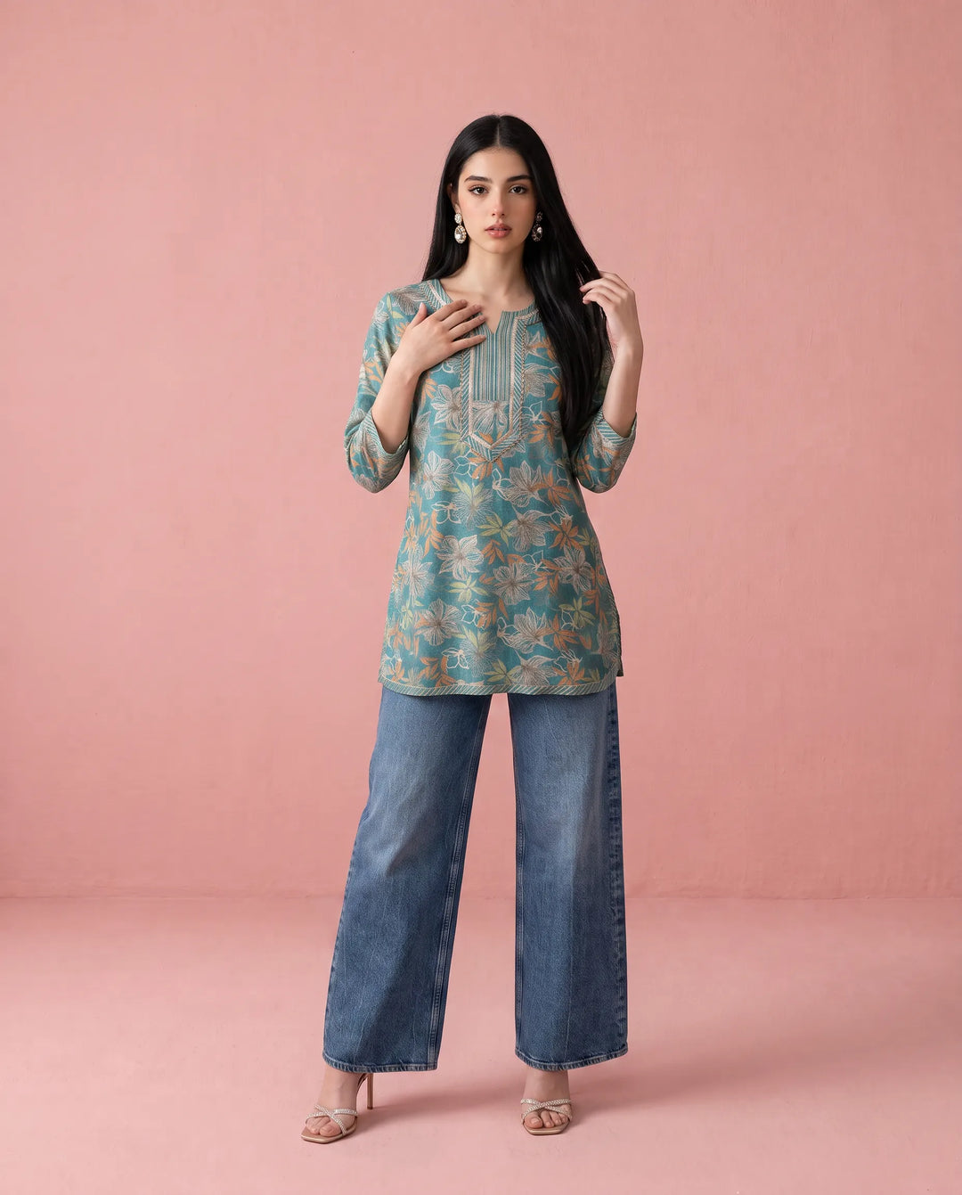 Turquoise Printed Cotton Blended Short Kurti